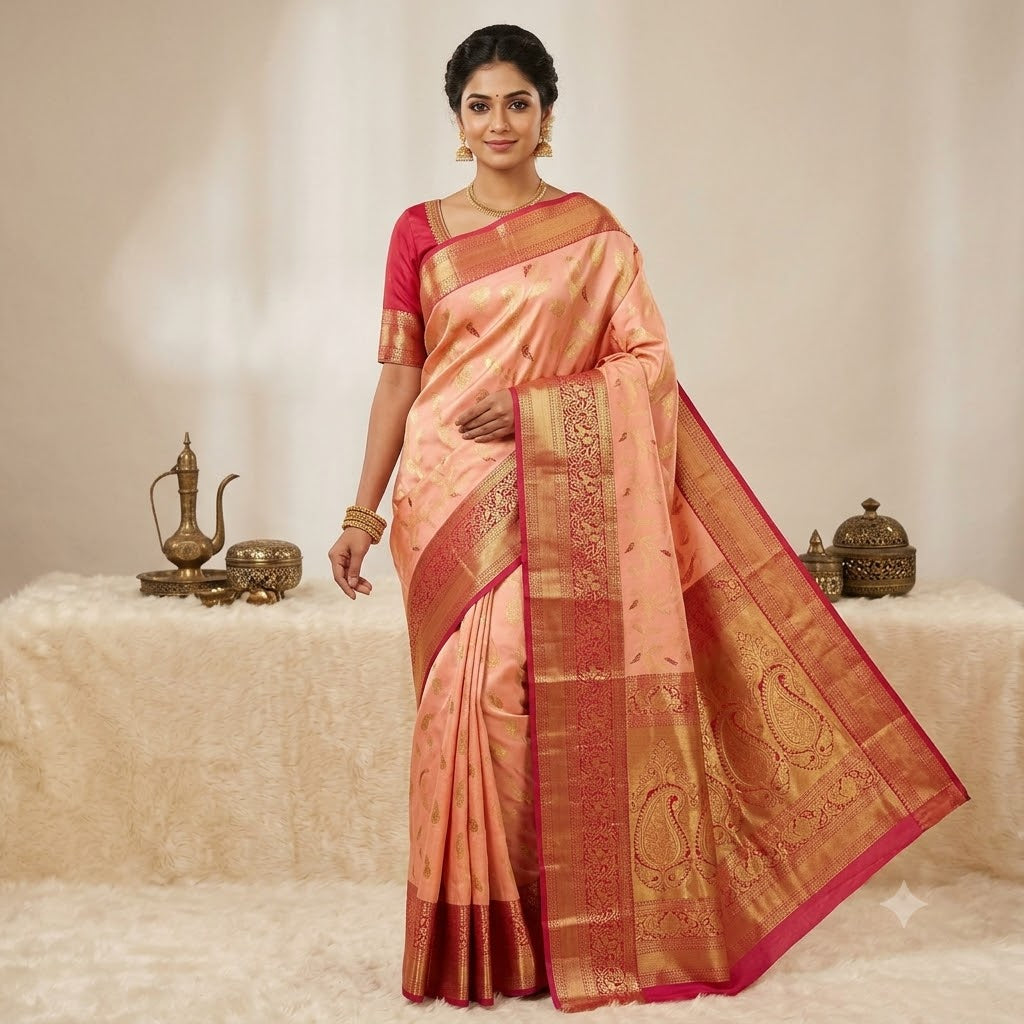 Baby Pink with Maroon border Meenakari weaving Kanchipuram High Tissue Silk Saree