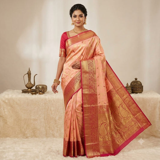 Baby Pink with Maroon border Meenakari weaving Kanchipuram High Tissue Silk Saree