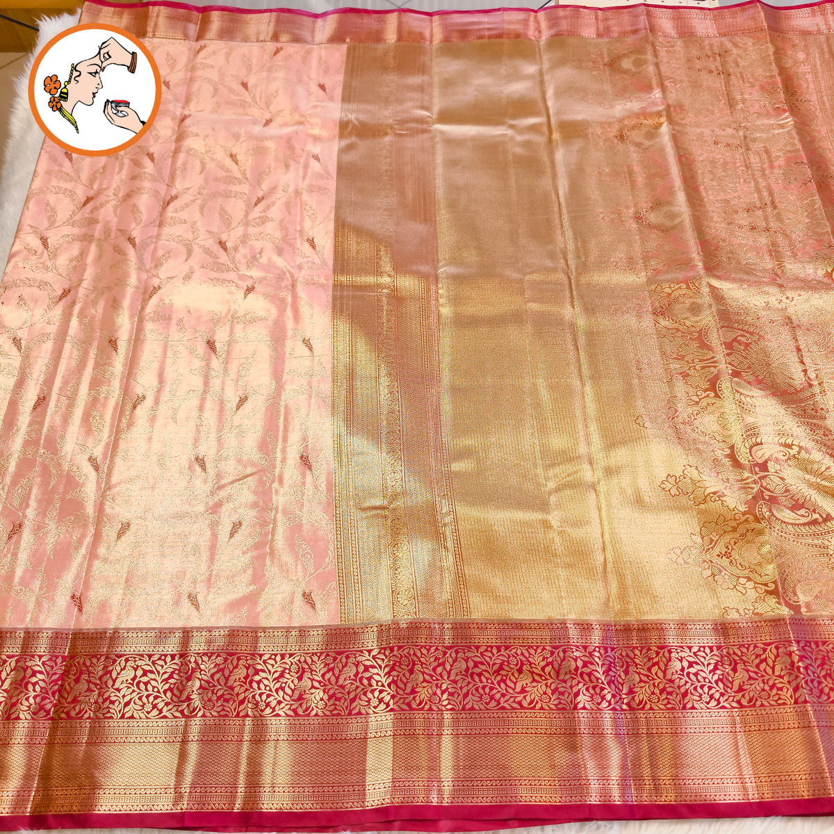 Baby Pink with Maroon border Meenakari weaving Kanchipuram High Tissue Silk Saree