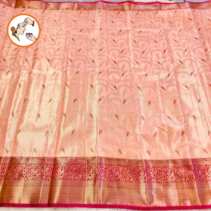 Baby Pink with Maroon border Meenakari weaving Kanchipuram High Tissue Silk Saree