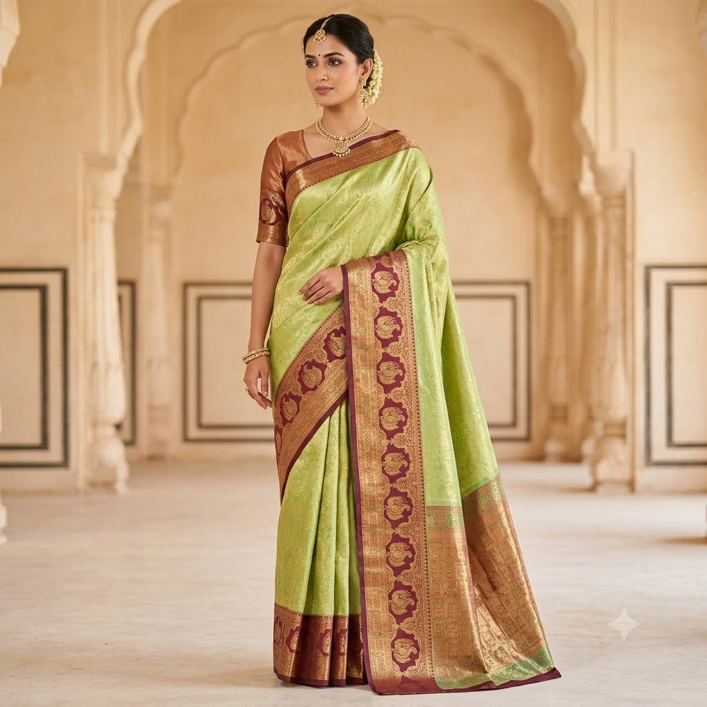 Pista Green with Arakku border Meenakari weaving Kanchipuram High Tissue Silk Saree
