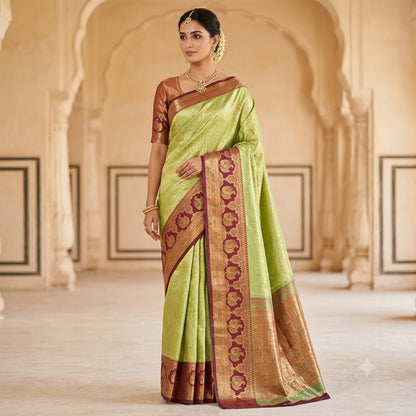 Pista Green with Arakku border Meenakari weaving Kanchipuram High Tissue Silk Saree