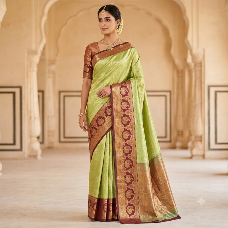 Pista Green with Arakku border Meenakari weaving Kanchipuram High Tissue Silk Saree