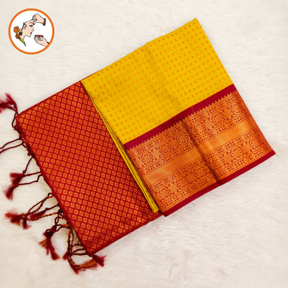 Yellow with Maroon border laksha butta Kanchipuram Semi Soft Silk Saree