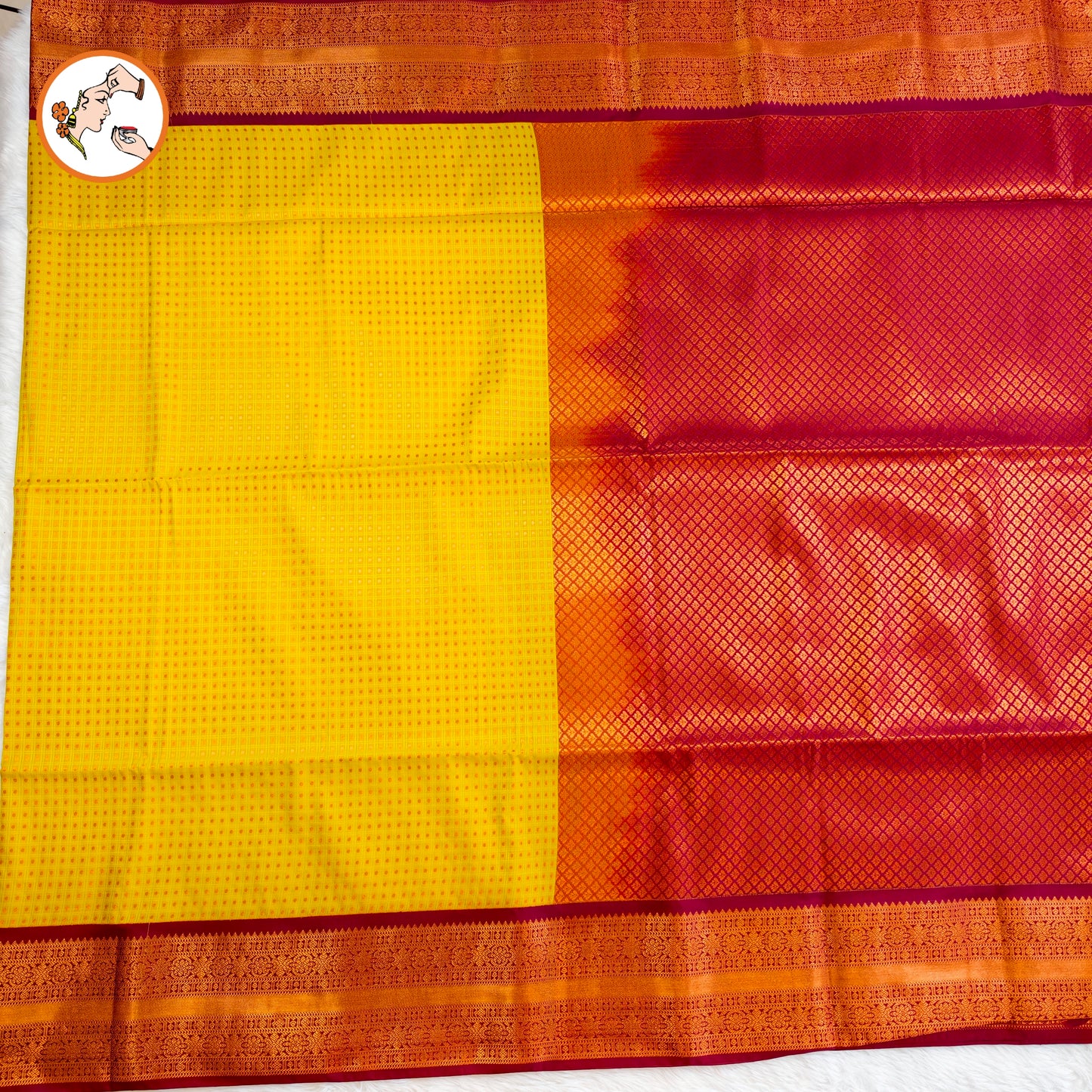 Yellow with Maroon border laksha butta Kanchipuram Semi Soft Silk Saree