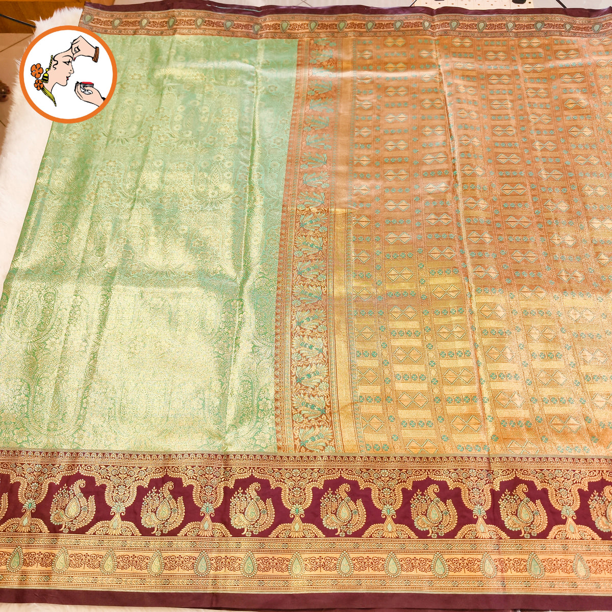Pista Green with Arakku border Meenakari weaving Kanchipuram High Tissue Silk Saree