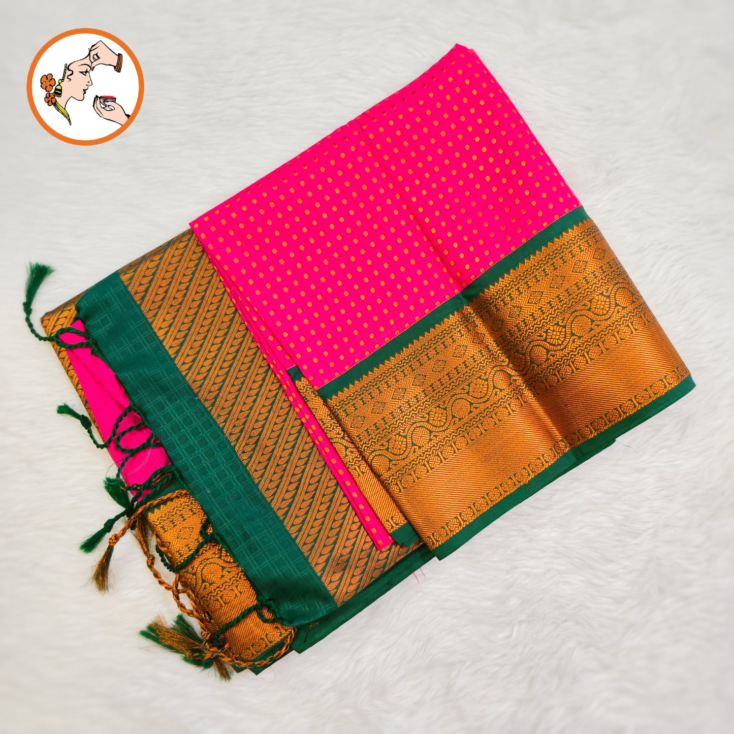 Pink with Green border laksha butta Kanchipuram Semi Soft Silk Saree