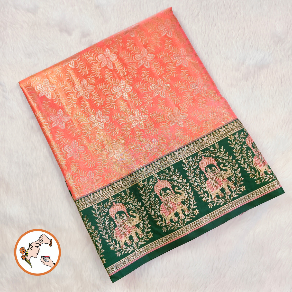 Peach with Dark Green Elephant & Pallakku border Meenakari weaving Kanchipuram High Tissue Silk Saree