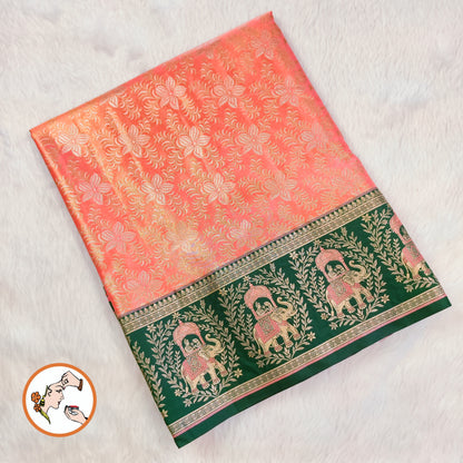 Peach with Dark Green Elephant & Pallakku border Meenakari weaving Kanchipuram High Tissue Silk Saree