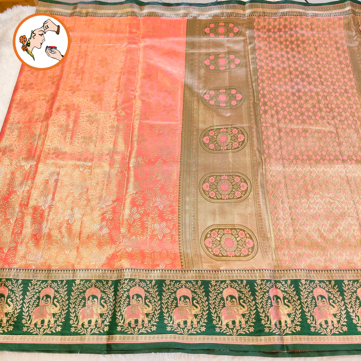 Peach with Dark Green Elephant & Pallakku border Meenakari weaving Kanchipuram High Tissue Silk Saree