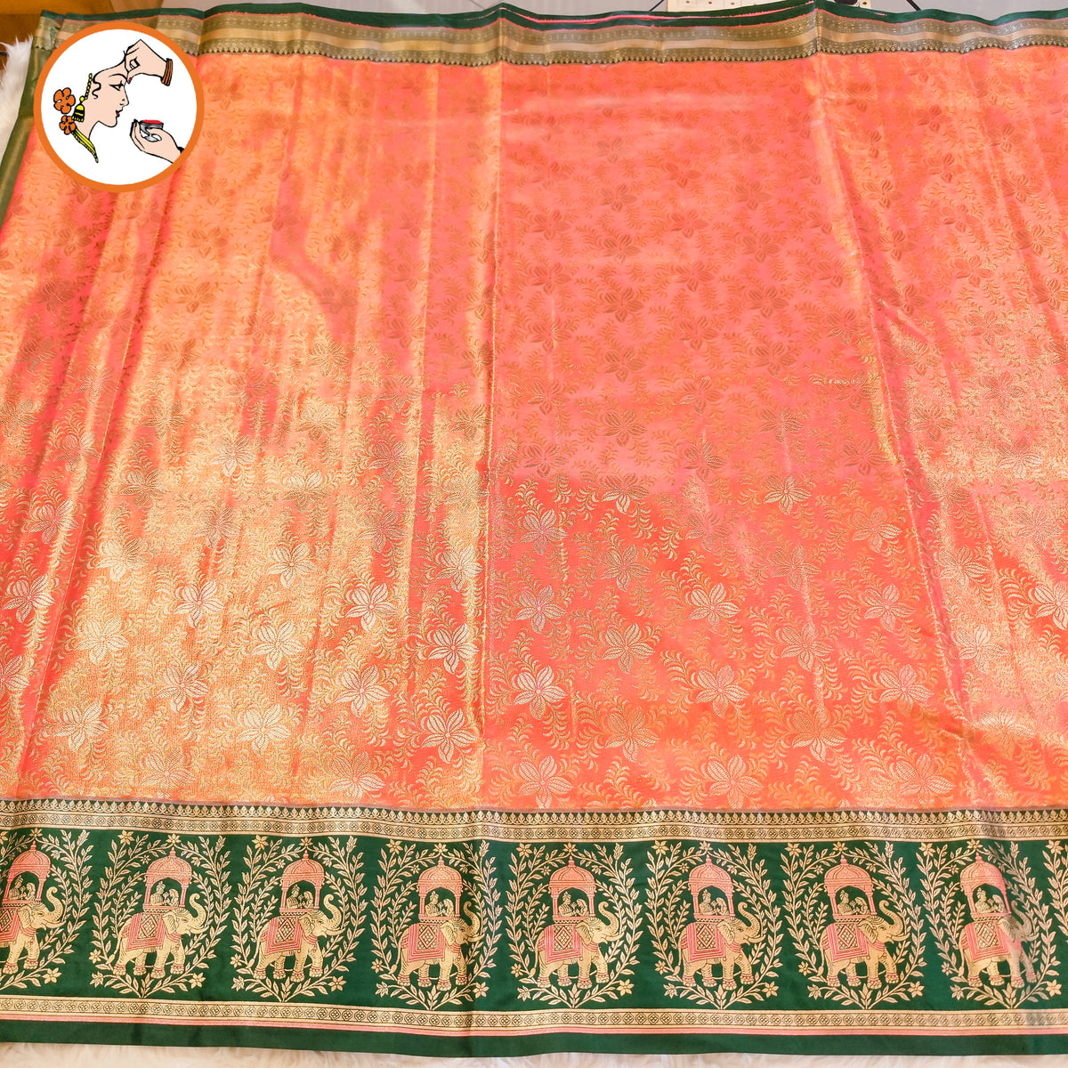 Peach with Dark Green Elephant & Pallakku border Meenakari weaving Kanchipuram High Tissue Silk Saree