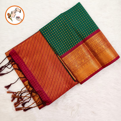 Dark Green with Maroon border laksha butta Kanchipuram Semi Soft Silk Saree