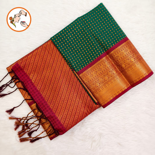 Dark Green with Maroon border laksha butta Kanchipuram Semi Soft Silk Saree