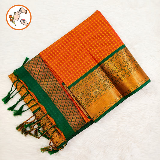 Mustard colour with dark Green border laksha butta Kanchipuram Semi Soft Silk Saree