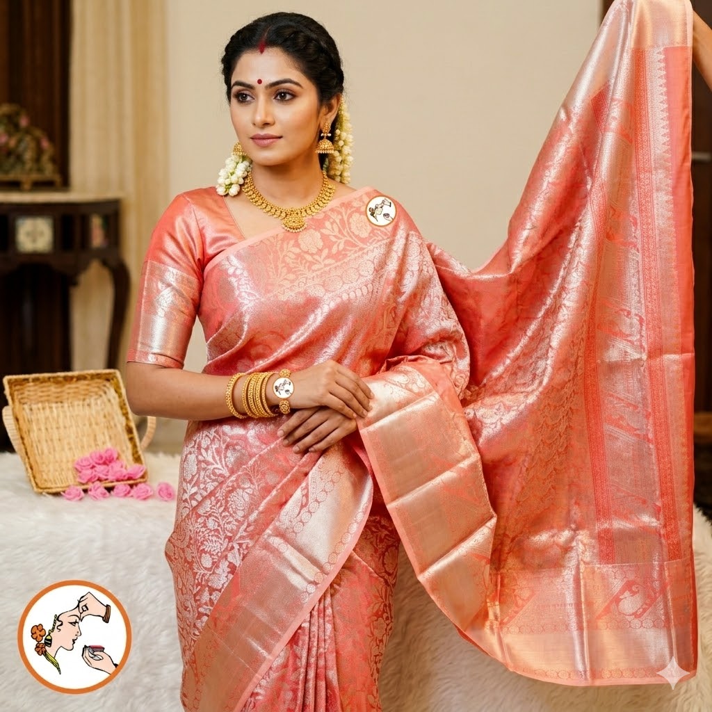 Baby Pink Silver zari Kanchipuram Tissue Silk Saree