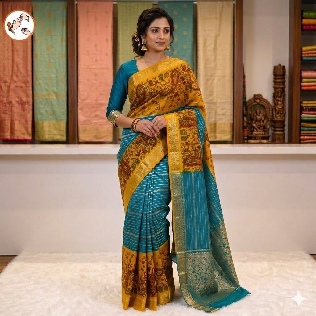 Yellow & Peacock Blue designer semi Mysore Silk Saree