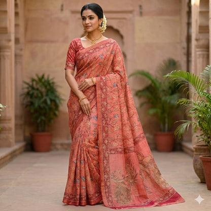 Terracotta Dusty Rose colour Chanderi Kantha Embriodary Cotton Casual Saree
