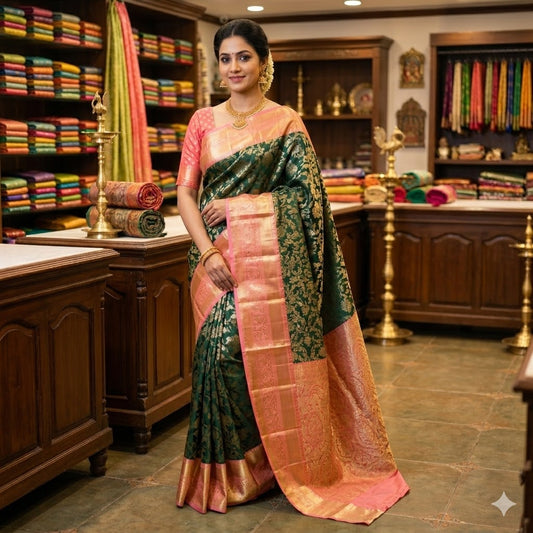 Dark Green with Baby Pink border Bridal Kanchipuram Mix Silk Saree