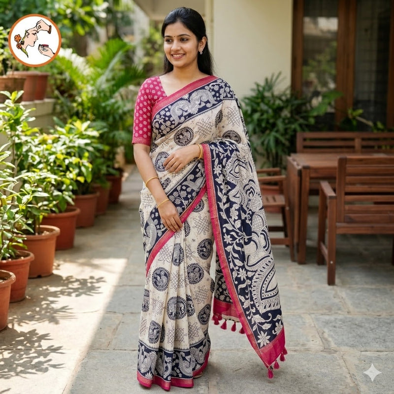 Black & White Kalamkari Tussar Silk Saree with Kolam & Elephant Peacock butta