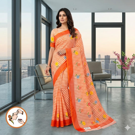 Orange checks pattern Linen Cotton Casual Saree