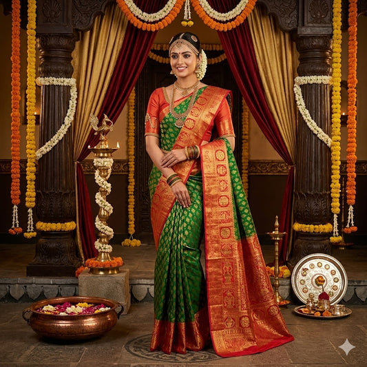 Dark Green With Red  Bridal Pure Kanchipuram Silk saree