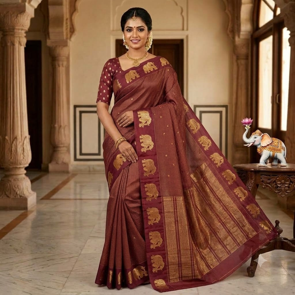 Coffee Brown Podikattam elephant border soft viscose Fancy Silk Saree