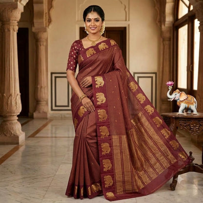 Coffee Brown Podikattam elephant border soft viscose Fancy Silk Saree