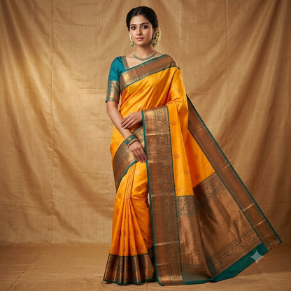 Apricot colour (Light Mango Yellow) with Dark Green border Kanchipuram Semi Silk Saree