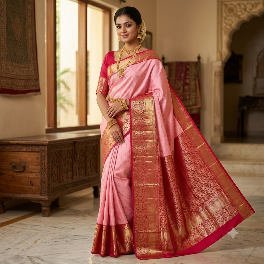 Lotus Pink with Maroon border Podikattam Kanchipuram Mix SIlk Saree
