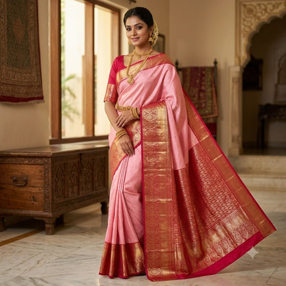 Lotus Pink with Maroon border Podikattam Kanchipuram Mix SIlk Saree