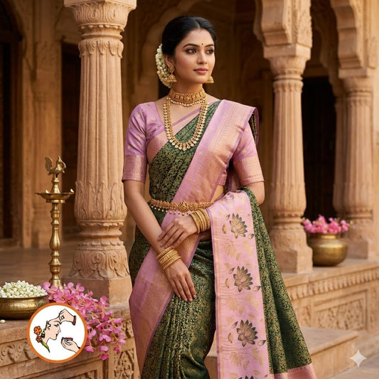 Dark Green with Pink Lotus border Fancy Semi Silk Saree