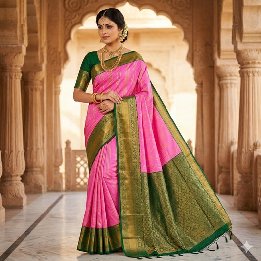 Lotus Pink with Dark Green Kanchipuram Soft Silk Saree