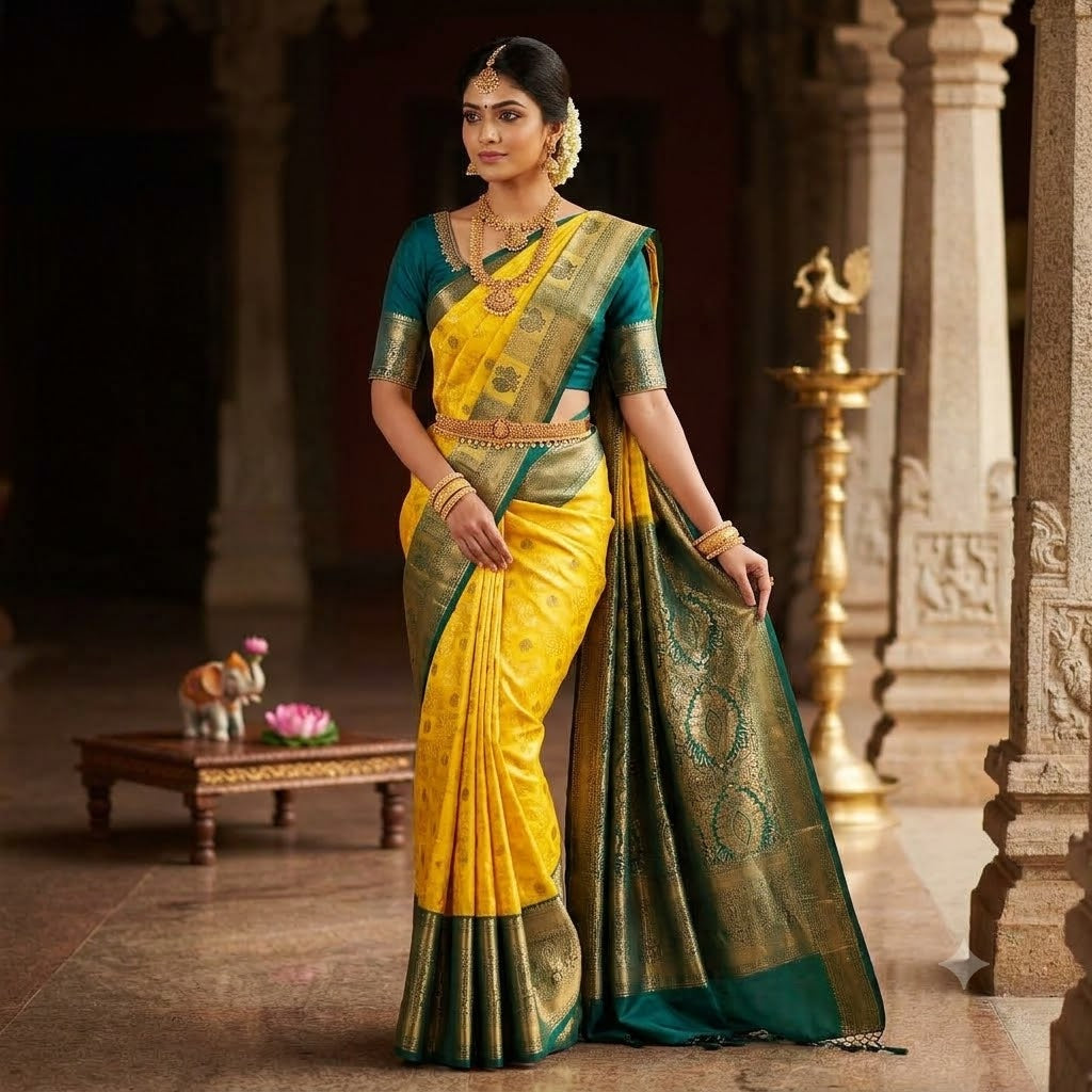Light Yellow & Dark Green border Kanchiupuram Mix Silk Saree with Traditional checks(Kattam) & Mayil(Peacock) motif featuring intricate Gold zari work