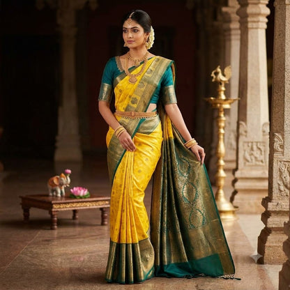 Light Yellow & Dark Green border Kanchiupuram Mix Silk Saree with Traditional checks(Kattam) & Mayil(Peacock) motif featuring intricate Gold zari work