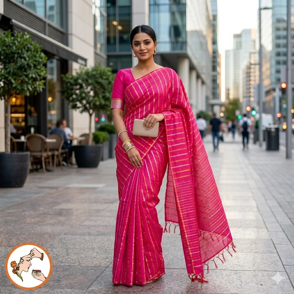 Pink Vertical stripes Handloom Cotton Casual Saree