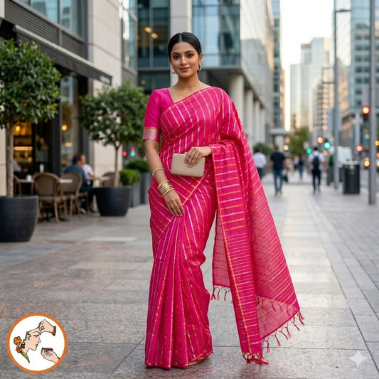 Pink Vertical stripes Handloom Cotton Casual Saree