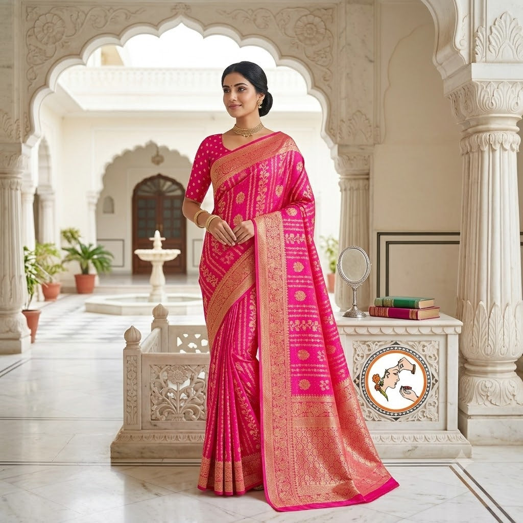 Rani Pink Rich Gold zari work Georgette Silk Fancy Saree