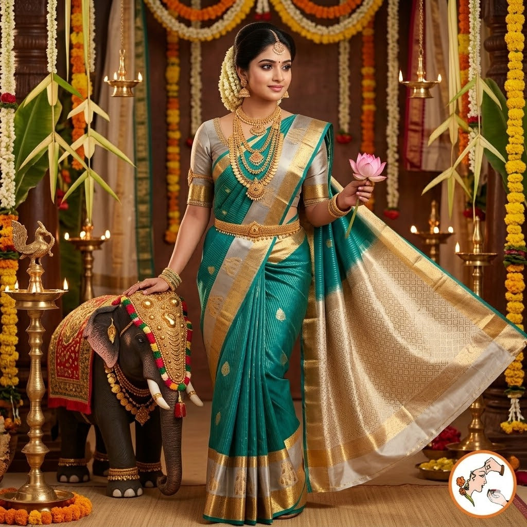 Peacock Green peacock border Vairoosi stripes Kanchipuram Semi SIlk Saree