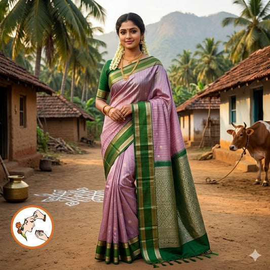 Onion Pink with Parrot Green Raindrop design Retta Petta border Semi Soft Silk Saree