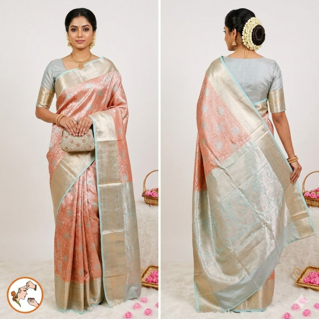Golden Peach with Sea Green border High Tissue Kanchipuram Silk Saree with 3D Floral Pattern