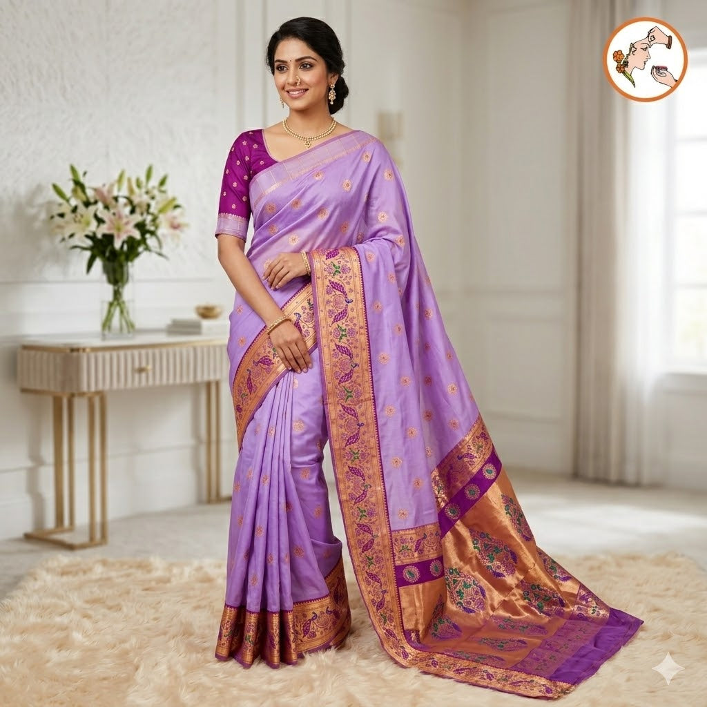 Lavender colour Traditional Paithani Soft Silk Saree