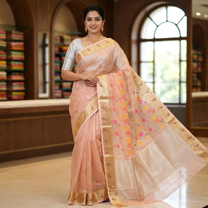 Peach Paithani border Kota Tissue Fancy Silk Saree
