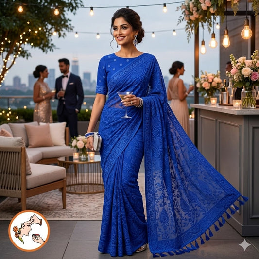 Royal Blue Lucknowi Chikankari Embroidery Pure Chiffon Partywear Saree