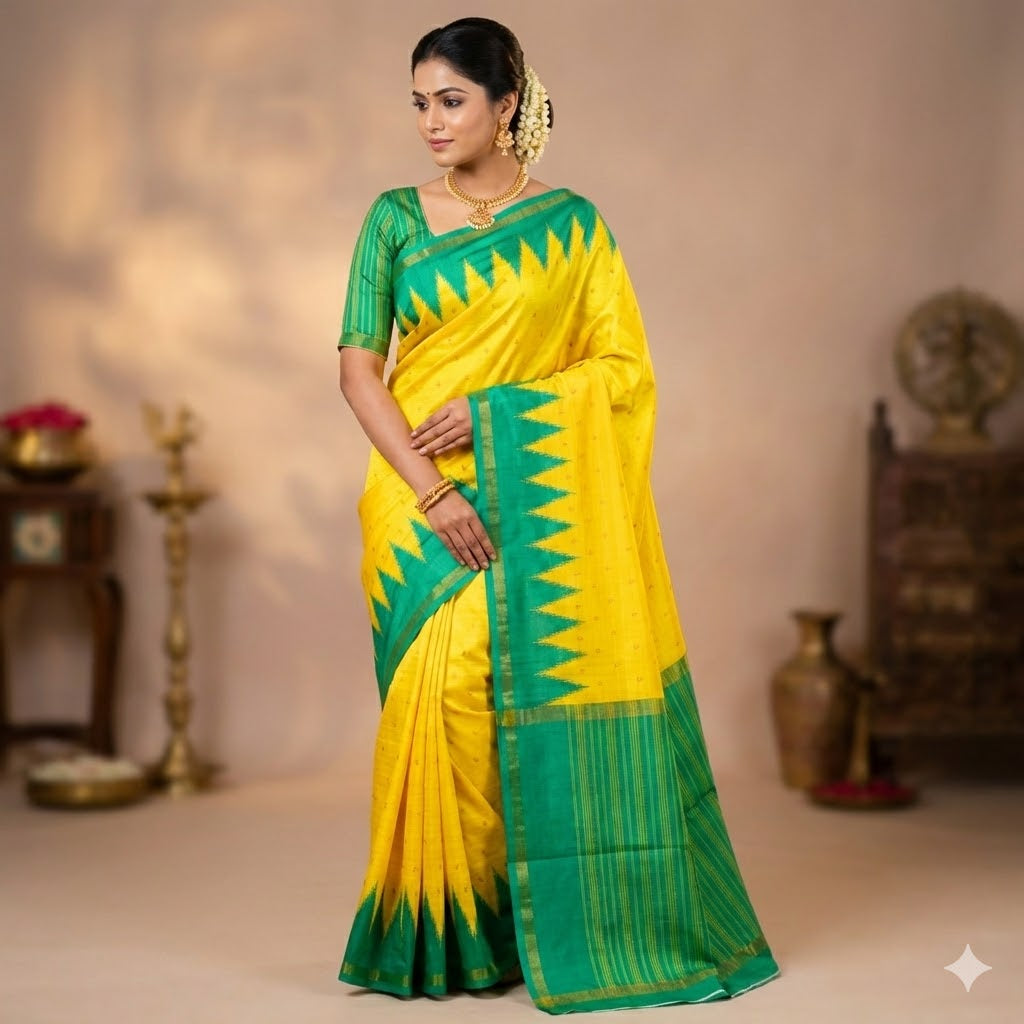Lime Yellow with Sea Green temple border Dola Silk Casual Saree