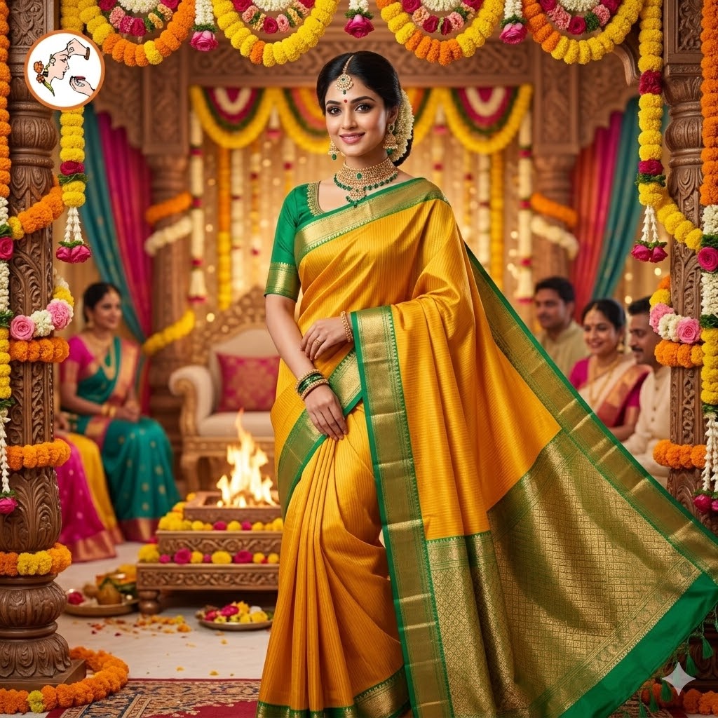Mustard Yellow with Green border Vairoosi stripes Kanchipuram Semi Silk Saree