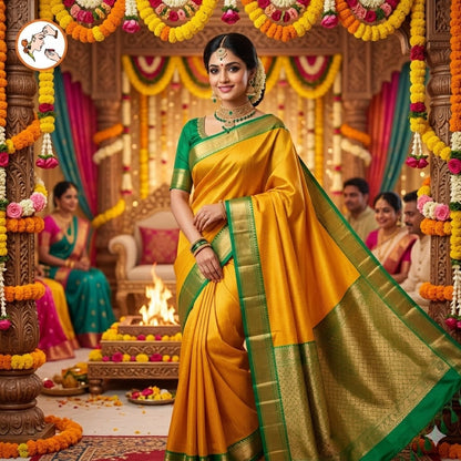 Mustard Yellow with Green border Vairoosi stripes Kanchipuram Semi Silk Saree