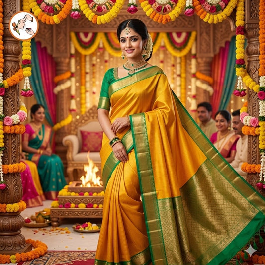 Mustard Yellow with Green border Vairoosi stripes Kanchipuram Semi Silk Saree