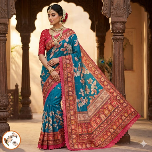 Peacock Blue Designer Georgette Saree with lace border
