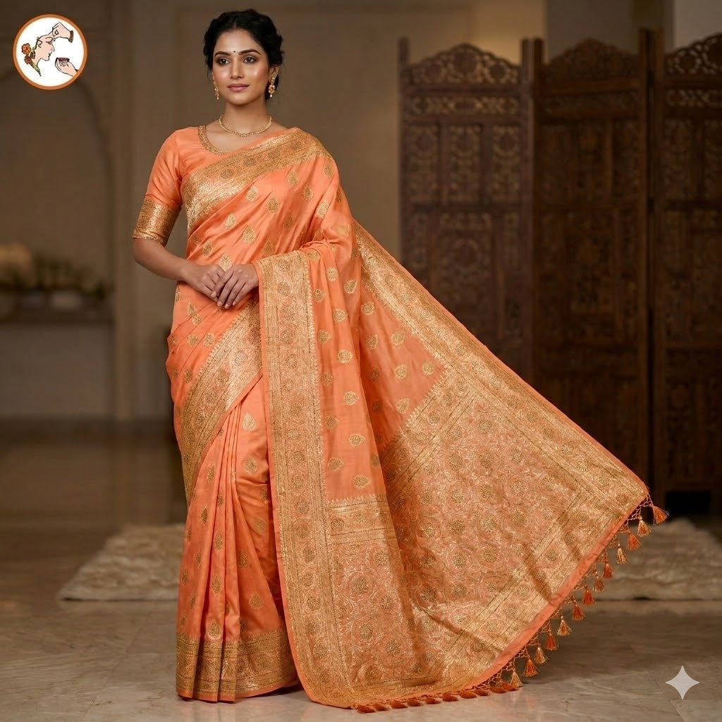 Peach Bridal Pure Banarasi Partywear Saree with Zirocn Stones