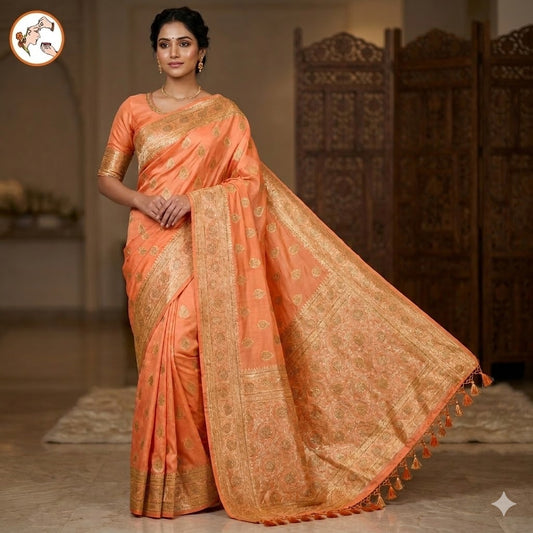Peach Bridal Pure Banarasi Partywear Saree with Zirocn Stones